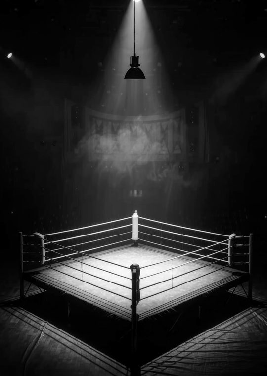 A boxing ring under a single spotlight